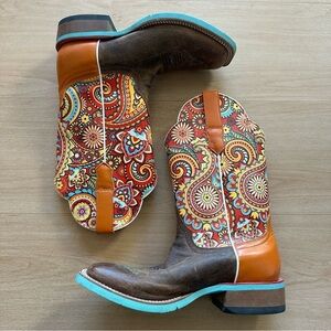 Cinch Edge Pattern Paisely Western Cowboy Rodeo Orange Maximalist 70s Boots